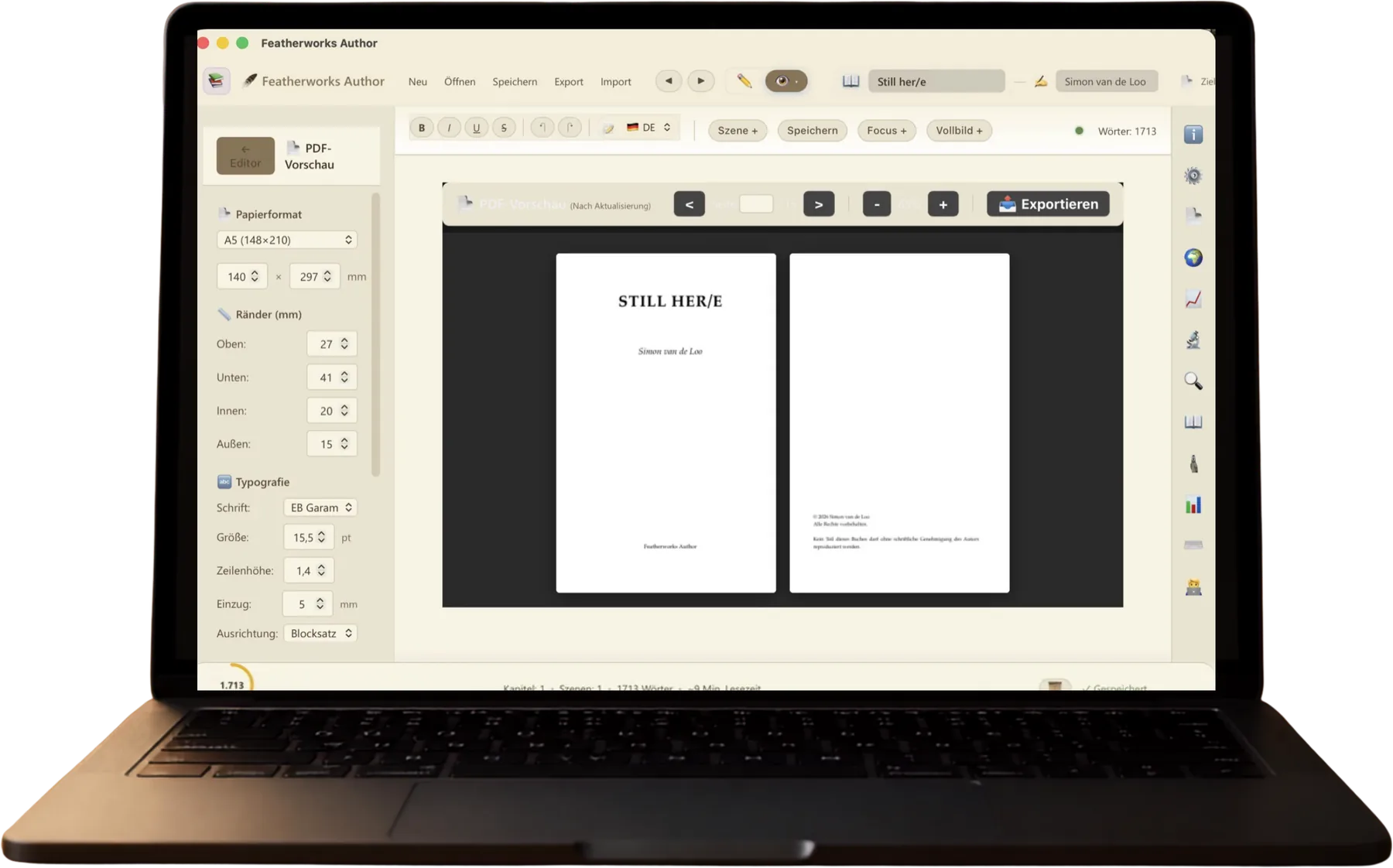 FeatherWorks: Satzvorschau mit Papierformat, Rändern und Typografie vor dem PDF-Export