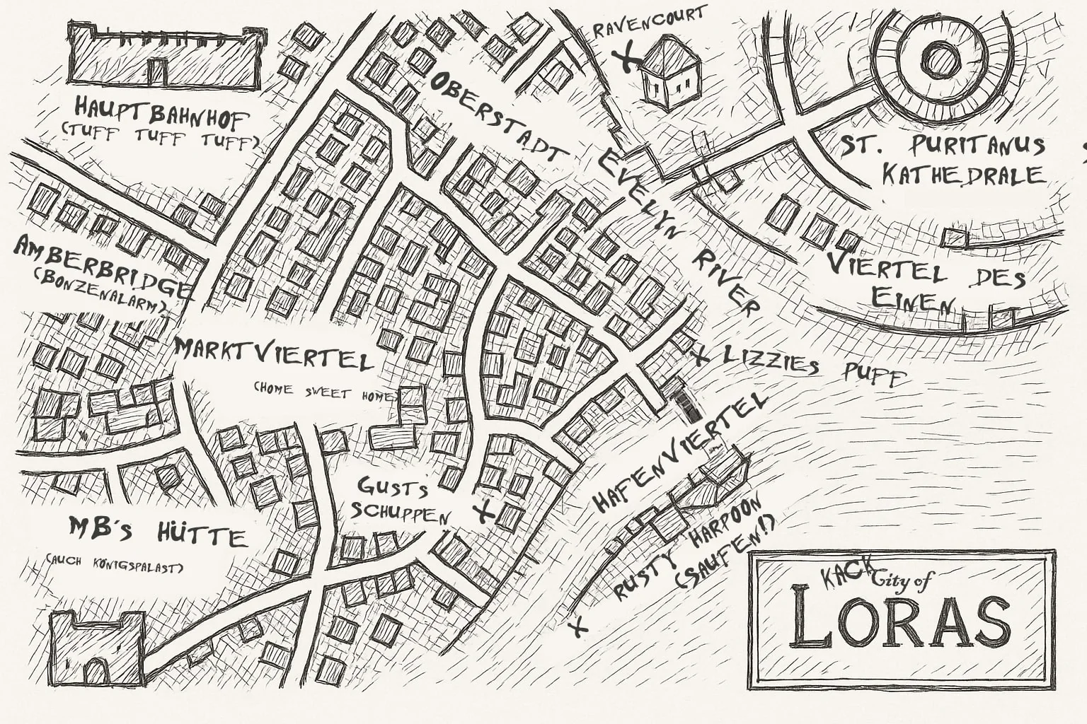 Handgezeichnete Stadtkarte von Loras mit Vierteln, Fluss, Kathedrale und spöttischen Anmerkungen zu jedem Ort