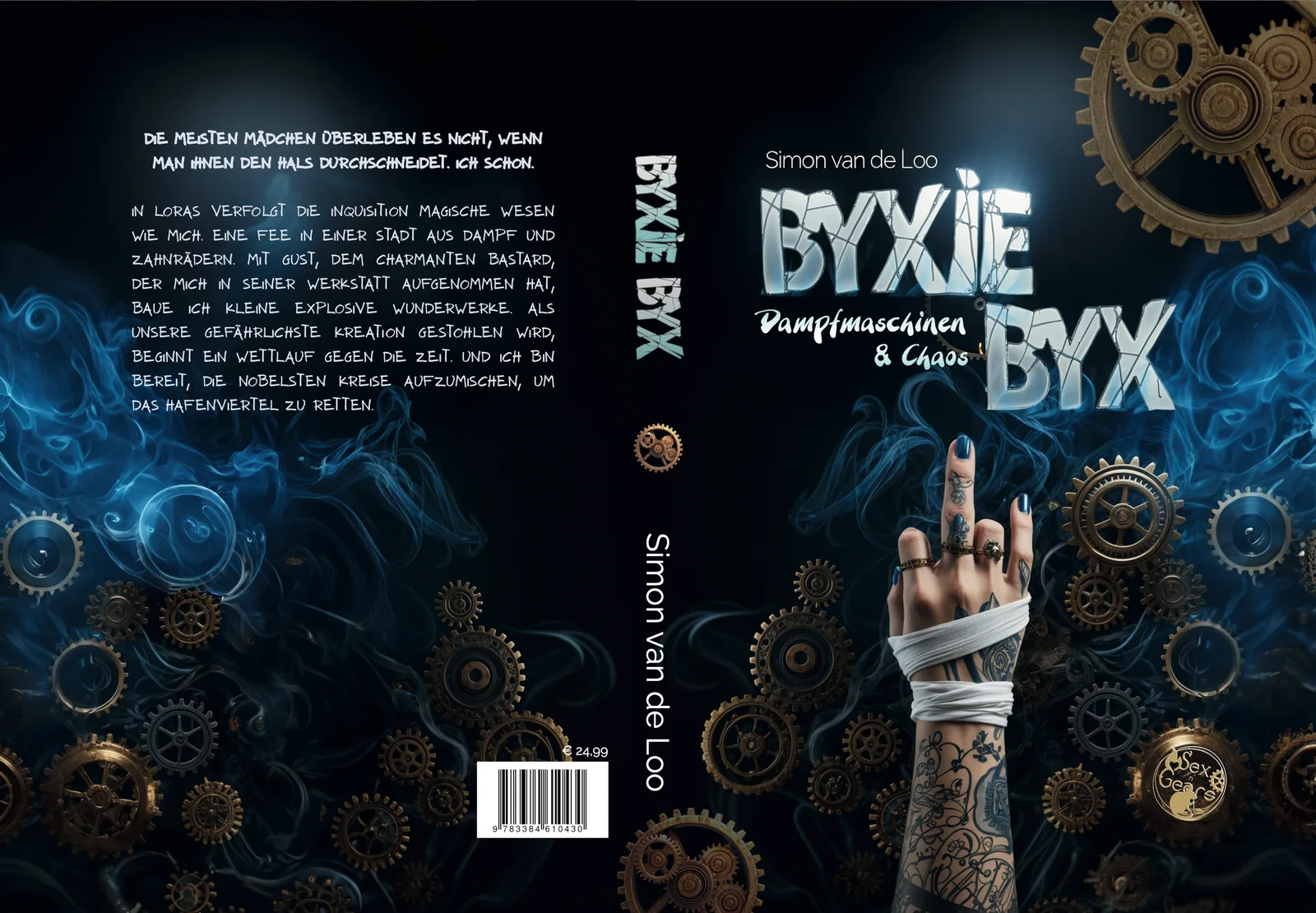 Der vollständige Umschlag von Byxie Byx: links der Klappentext, in der Mitte der Buchrücken mit Titel und Autor, rechts die Vorderseite. Unten links Barcode mit ISBN und Preis.